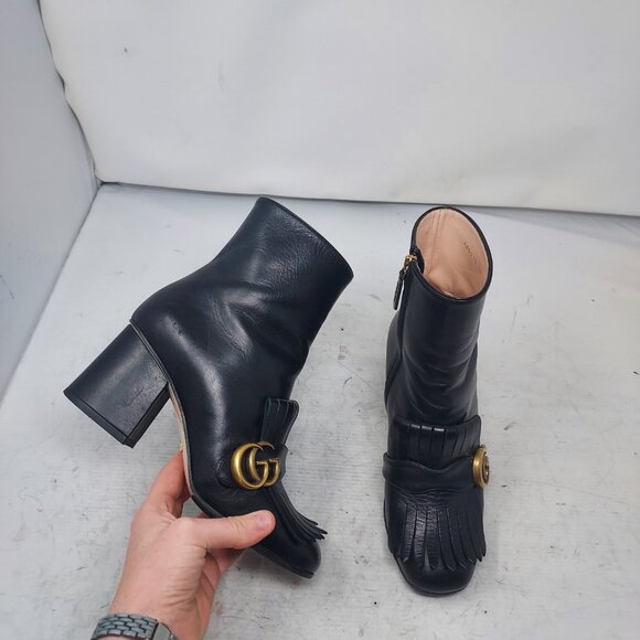 GUCCI Leather Black Malaga Kid GG Marmont Fringe Ankle Boot - Picture 1 of 15